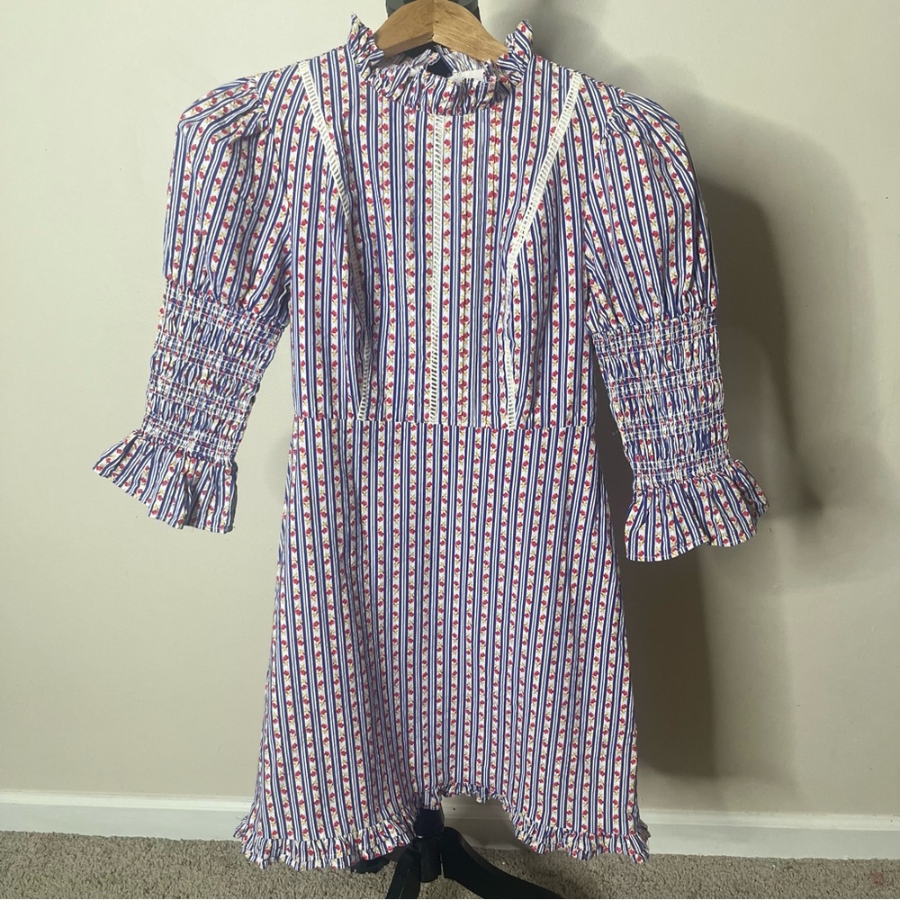 Laura Ashley x Urban Outfitters Floral Mock Neck Smocked Ruffle Mini Dress Sz XS - Picture 6 of 16